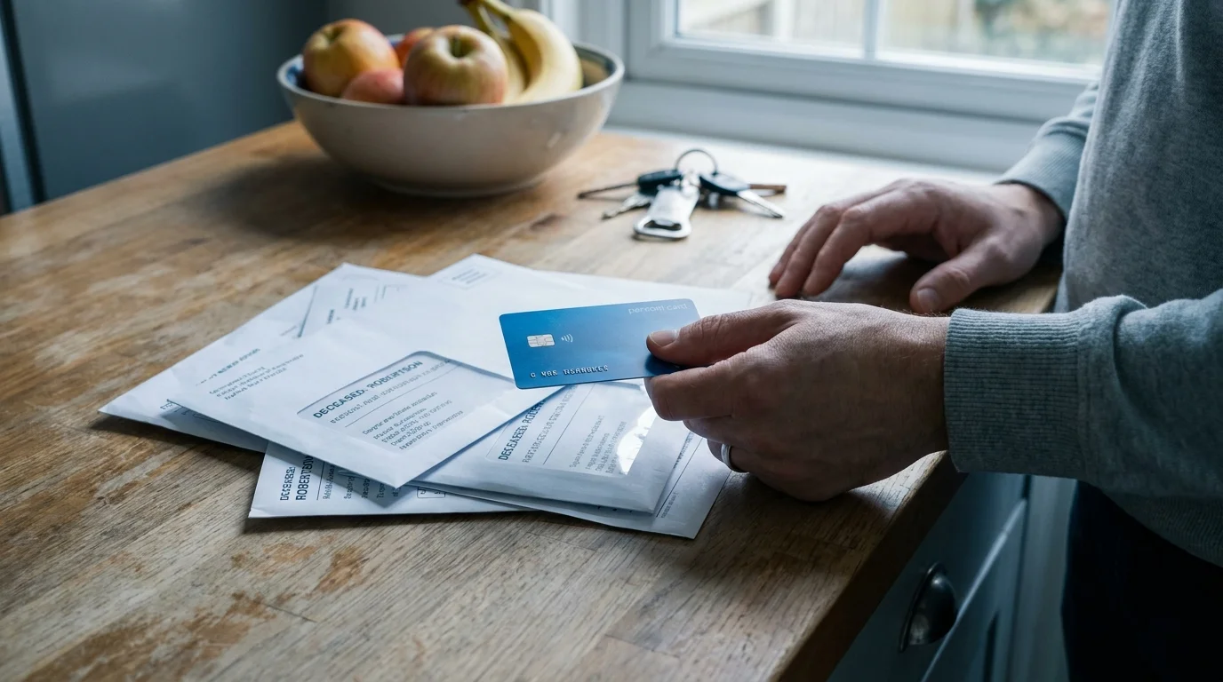 A person's hand being stopped from using a personal credit card to pay a parent's medical bill.