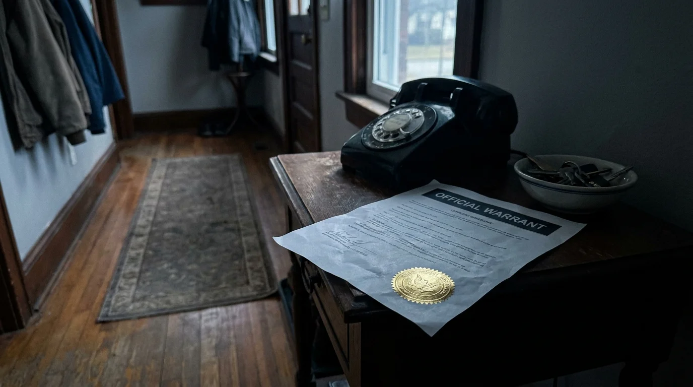 A photo of a fake 'Official Warrant' document lying on a table next to a landline phone.