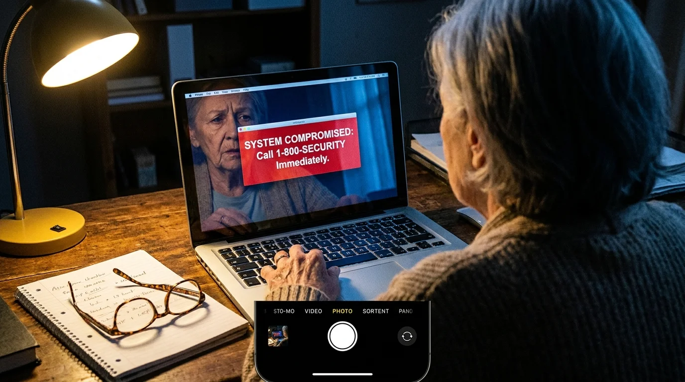 A photo of a laptop screen showing a fake security alert, with a senior woman's worried reflection visible.