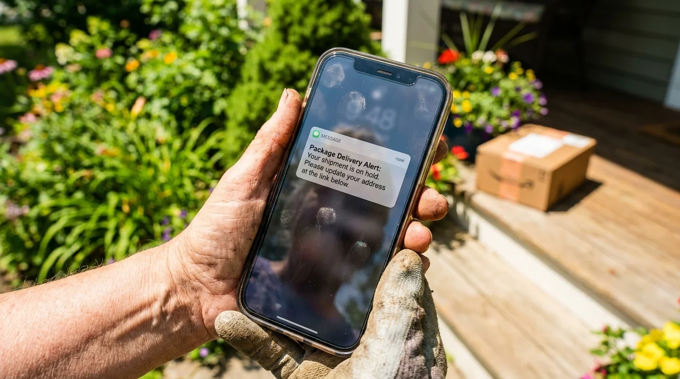 A photo of a phone showing a fake package delivery text message, with a garden in the background.