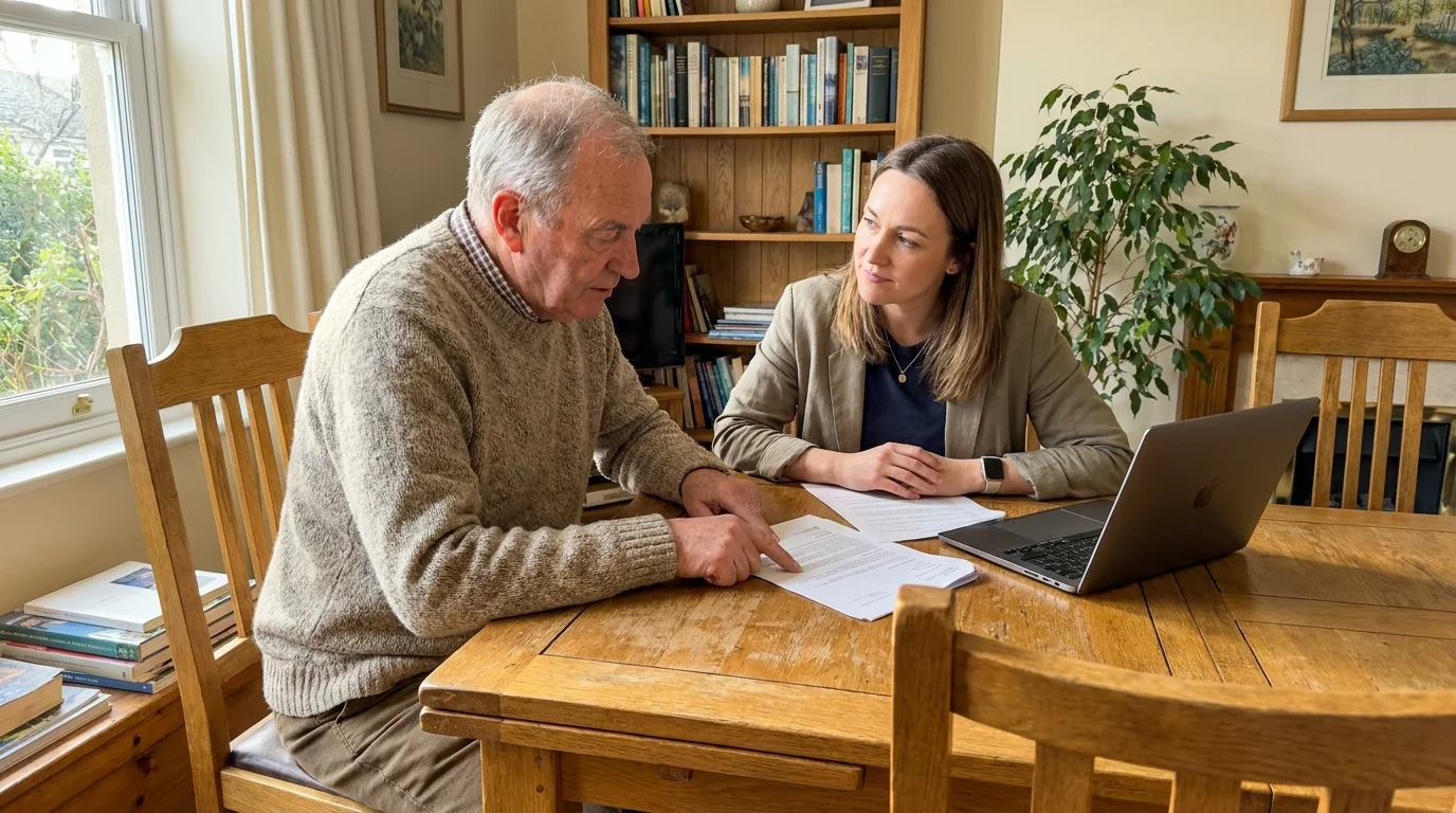 A photo of a senior man consulting with a professional at his dining table in a sunlit home.