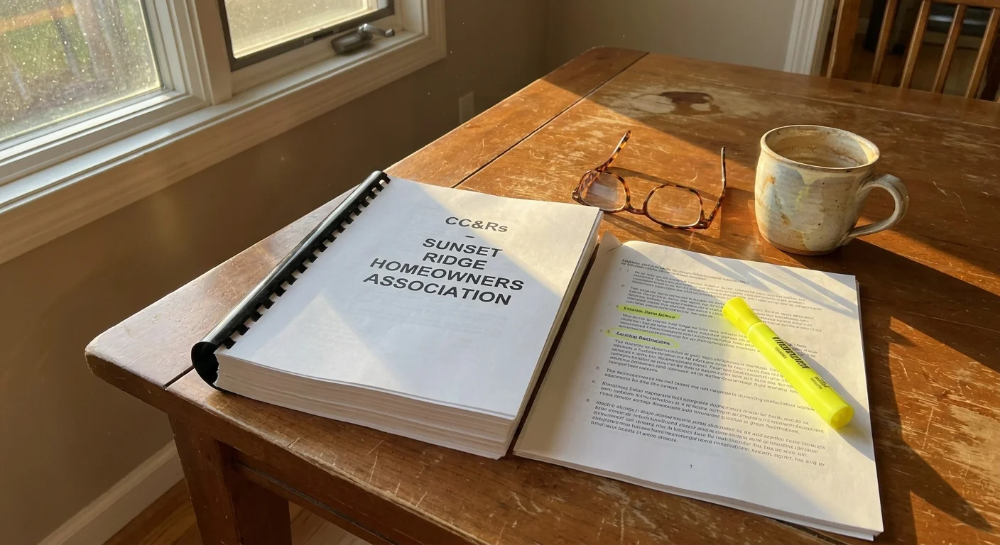 A photograph from a person's perspective looking at an HOA rulebook on a kitchen table with coffee and glasses.