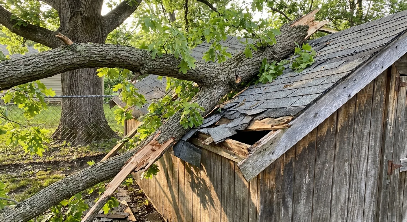 A photograph of a fallen tree branch that has crushed the roof of a small garden shed.