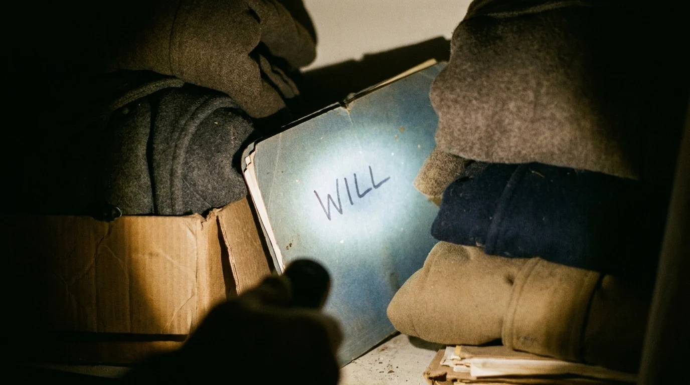 A photograph showing a folder labeled 'WILL' hidden in the dark corner of a closet, illuminated by a flashlight.