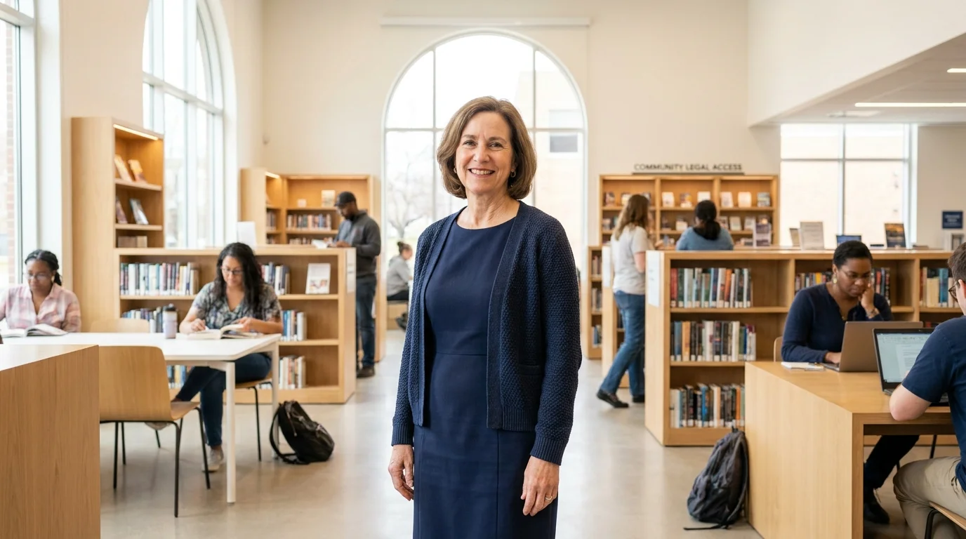 A portrait of a smiling female professional in a bright library, representing accessible legal help.