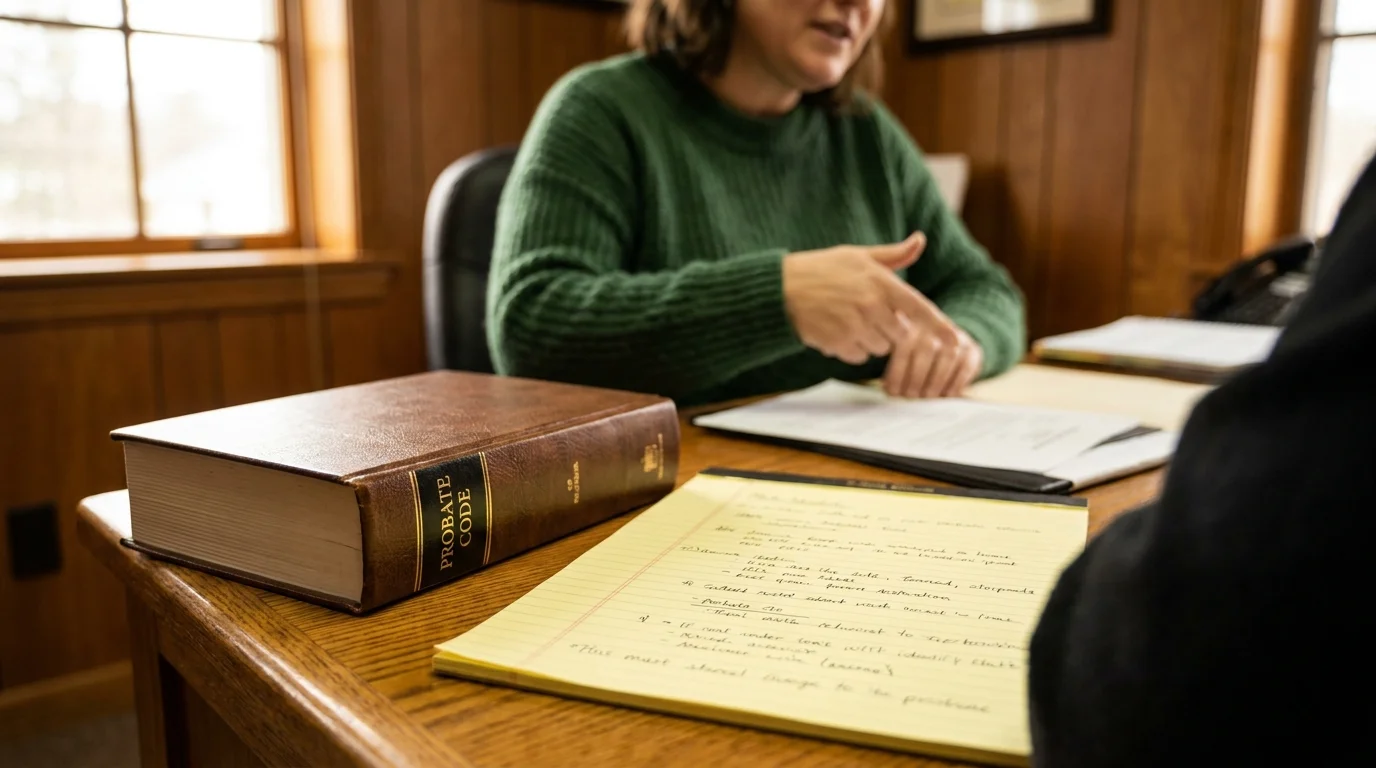 A probate attorney's desk with a 'Probate Code' book and a legal pad, in a warm, welcoming office.