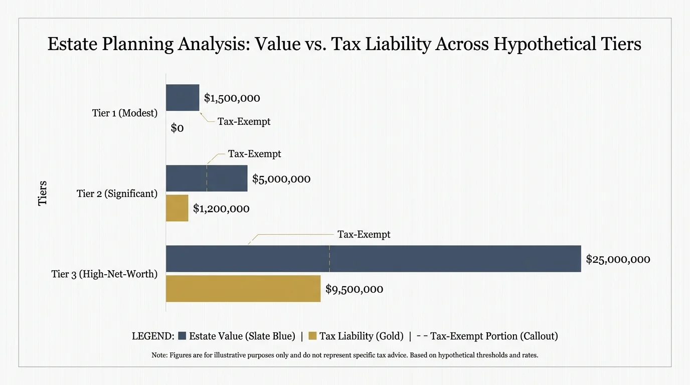 A professional bar chart comparing estate values to tax liabilities, using a slate blue and gold color palette.