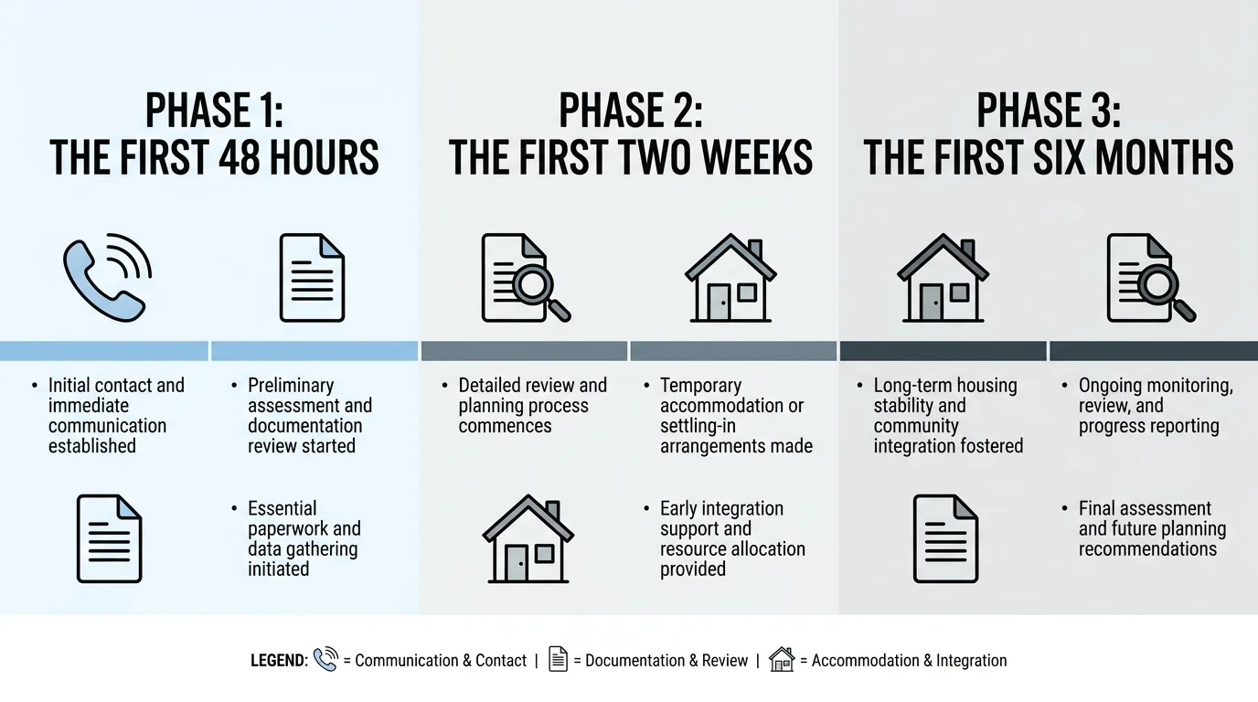 A professional horizontal timeline showing three phases of estate settlement: 48 hours, two weeks, and six months.