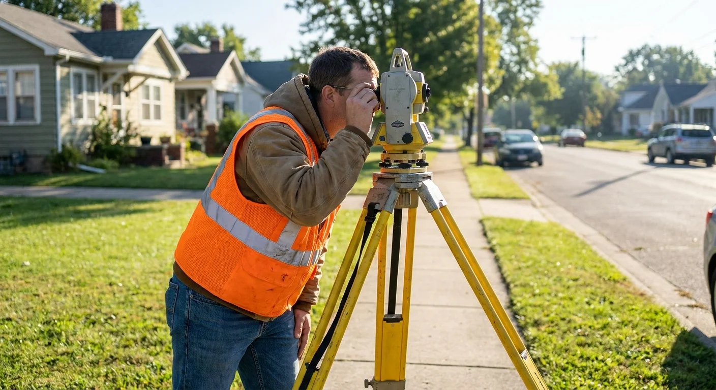 A professional land surveyor in a safety vest using a tripod and surveying equipment on a suburban street.