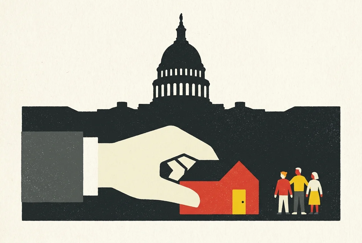 A screenprint illustration of a large hand guiding a house toward a family, with a state building in the background.