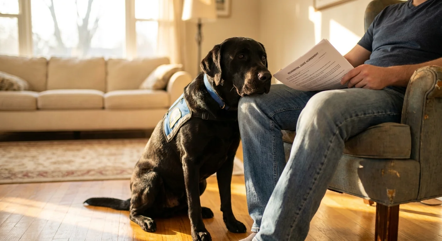 A service dog sitting calmly by its owner's feet inside an apartment while they review a lease.