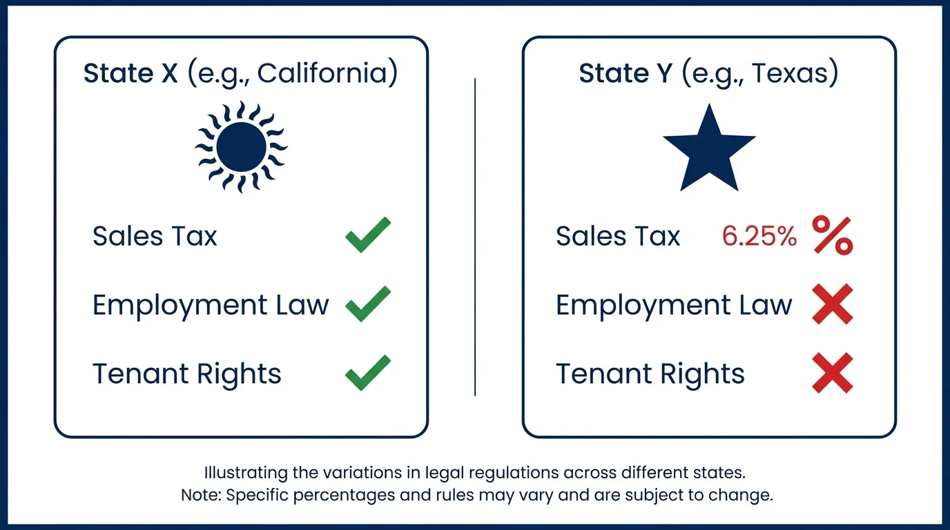 A side-by-side comparison diagram showing different legal rules for the same categories in two different states.