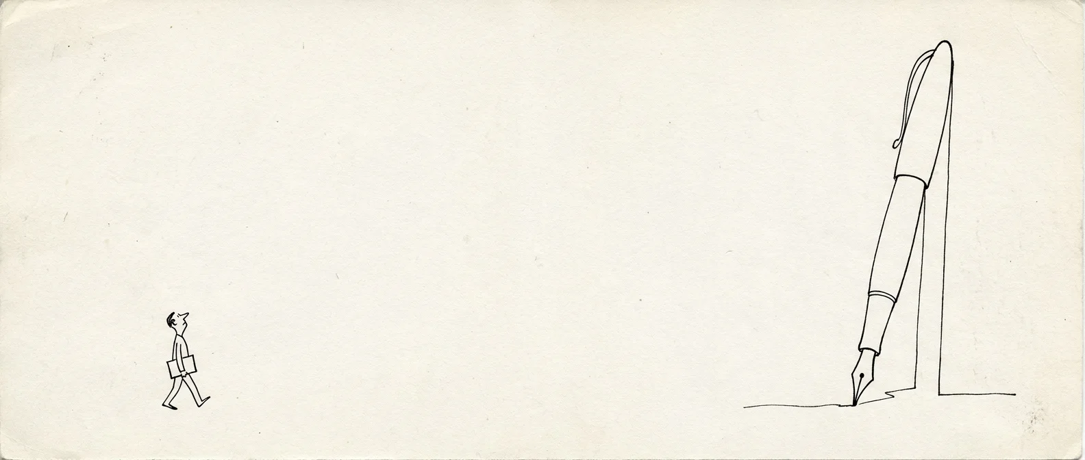 A simple ink drawing of a person approaching a giant fountain pen, symbolizing seeking legal advice.