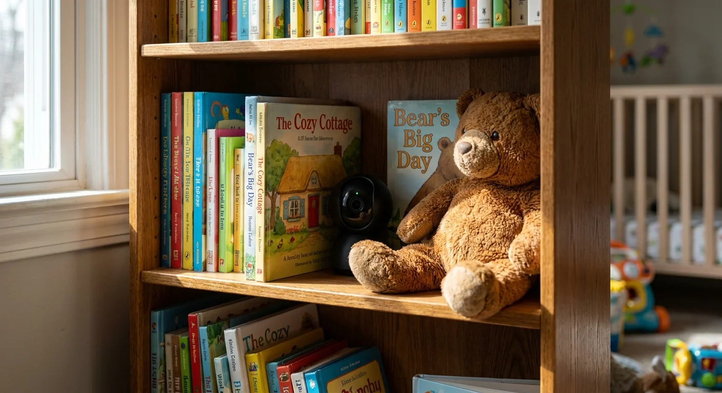 A small security camera hidden among books and toys on a nursery shelf.