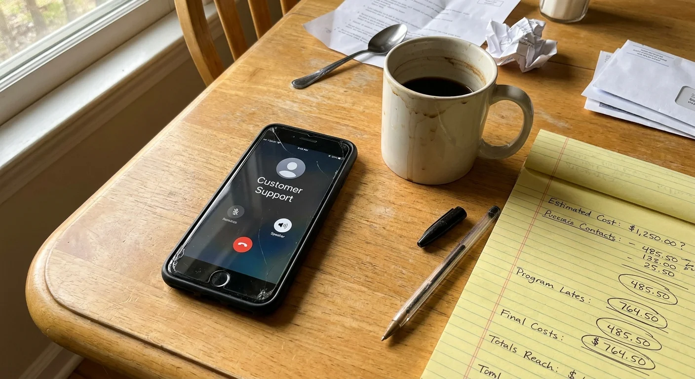 A smartphone on speakerphone on a kitchen table next to a notepad and a coffee mug.