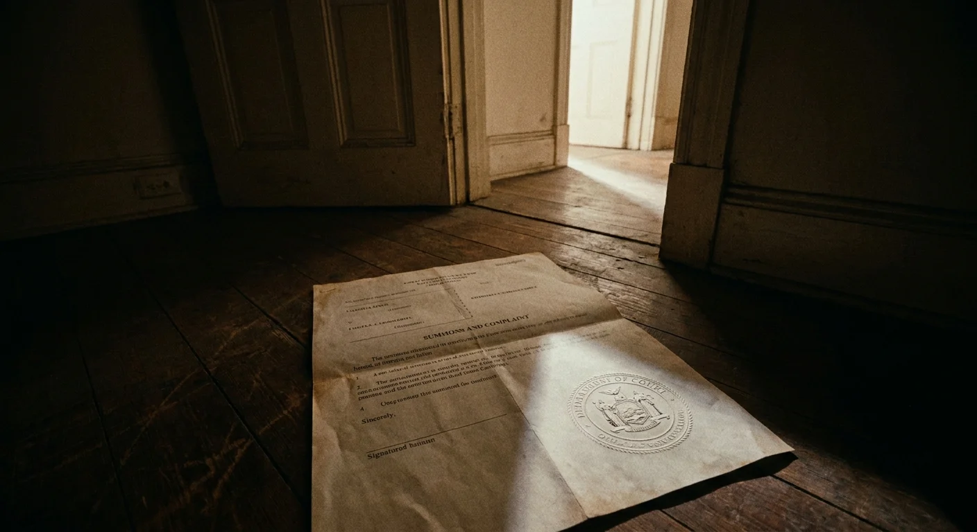 A somber photo of an eviction summons lying on the floor inside an apartment doorway.