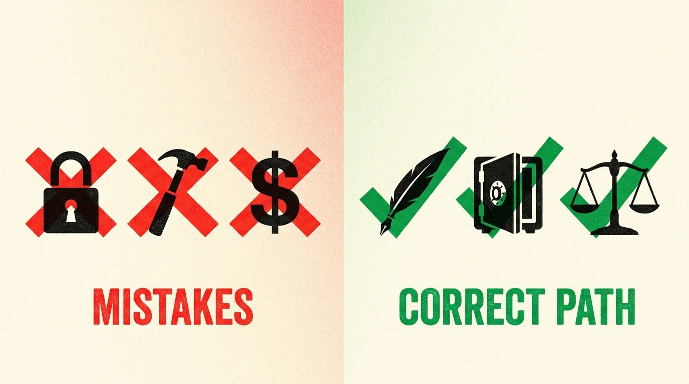 A split-screen graphic illustration comparing common estate planning mistakes with their correct alternatives.