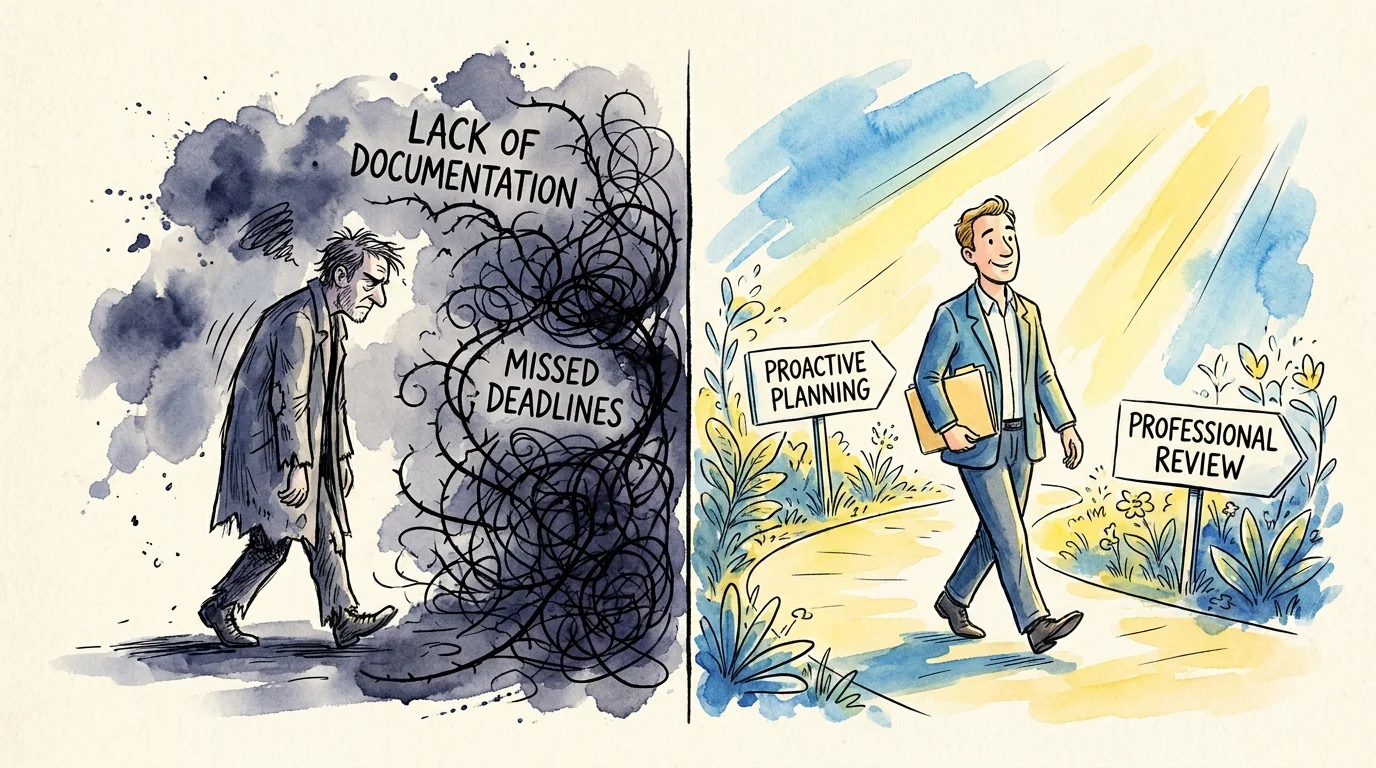 A split-screen illustration showing a person choosing between a tangled path of mistakes and a clear path of planning.