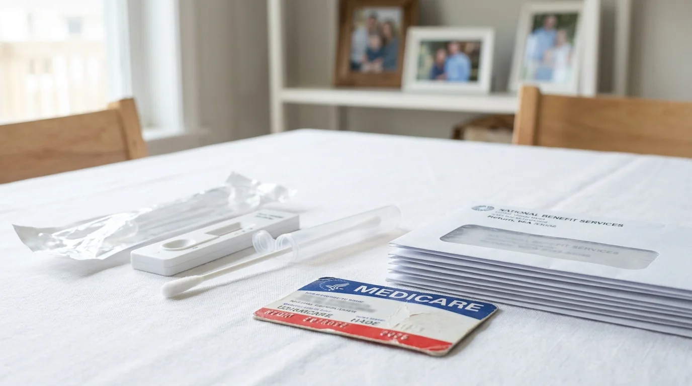 A still life photo of a Medicare card next to a genetic testing swab kit on a sunlit table.