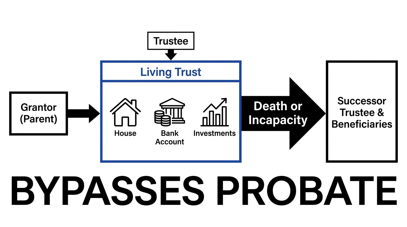 A structural diagram of a Living Trust showing how assets move from the Grantor to the Successor Trustee while bypassing probate.