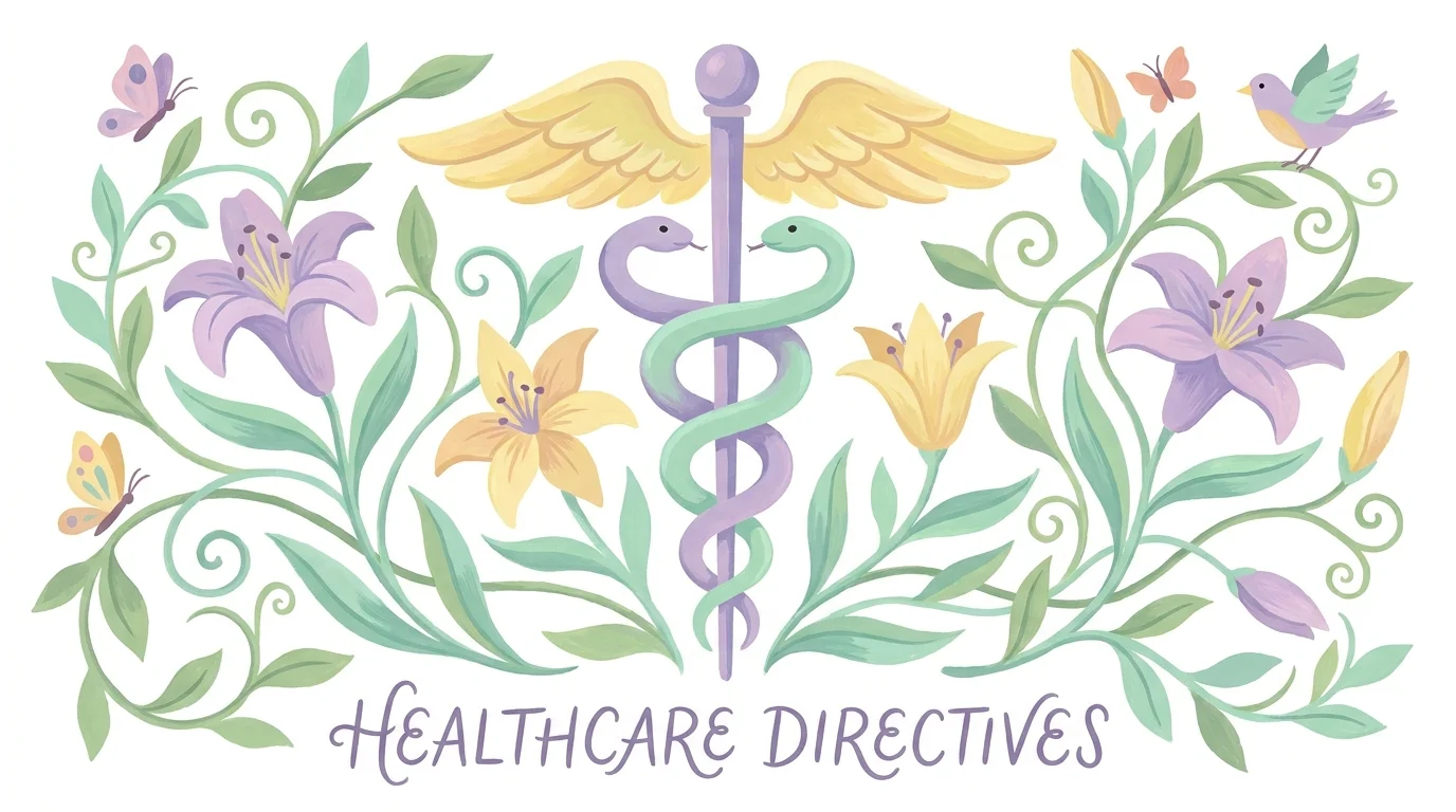 A stylized gouache illustration of a medical symbol integrated with a blooming garden, symbolizing healthcare wishes.