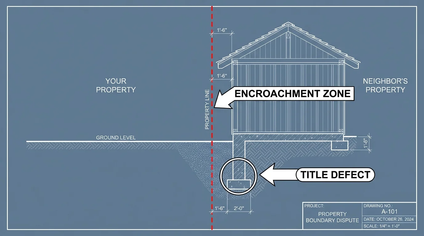 A technical diagram showing a neighbor's shed crossing over a property line into another yard, labeled as an encroachment.