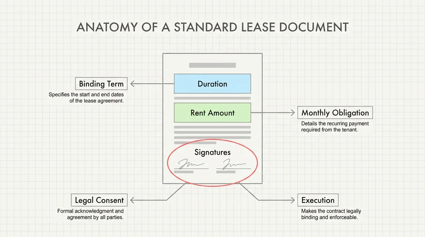A technical diagram showing the different sections of a lease agreement like duration and rent.