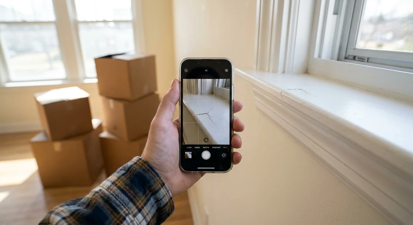 A tenant using their phone to photograph the condition of an apartment during a move-in inspection.
