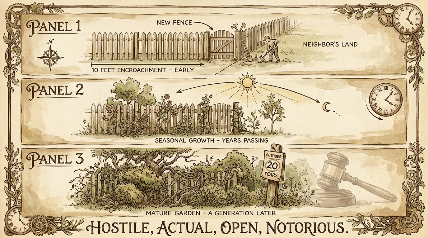 A three-panel illustration showing a garden and fence maturing over 20 years to represent the concept of adverse possession.