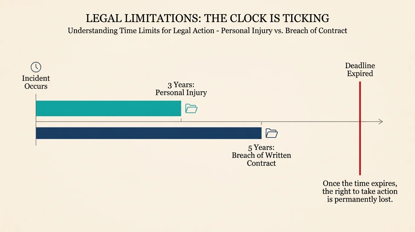 A timeline showing legal deadlines of 3 years for personal injury and 5 years for written contracts.