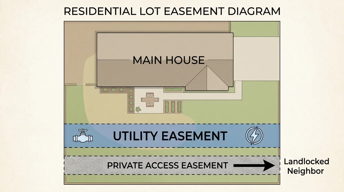 A top-down property map showing utility and private access easements marked with shaded zones and clear labels.
