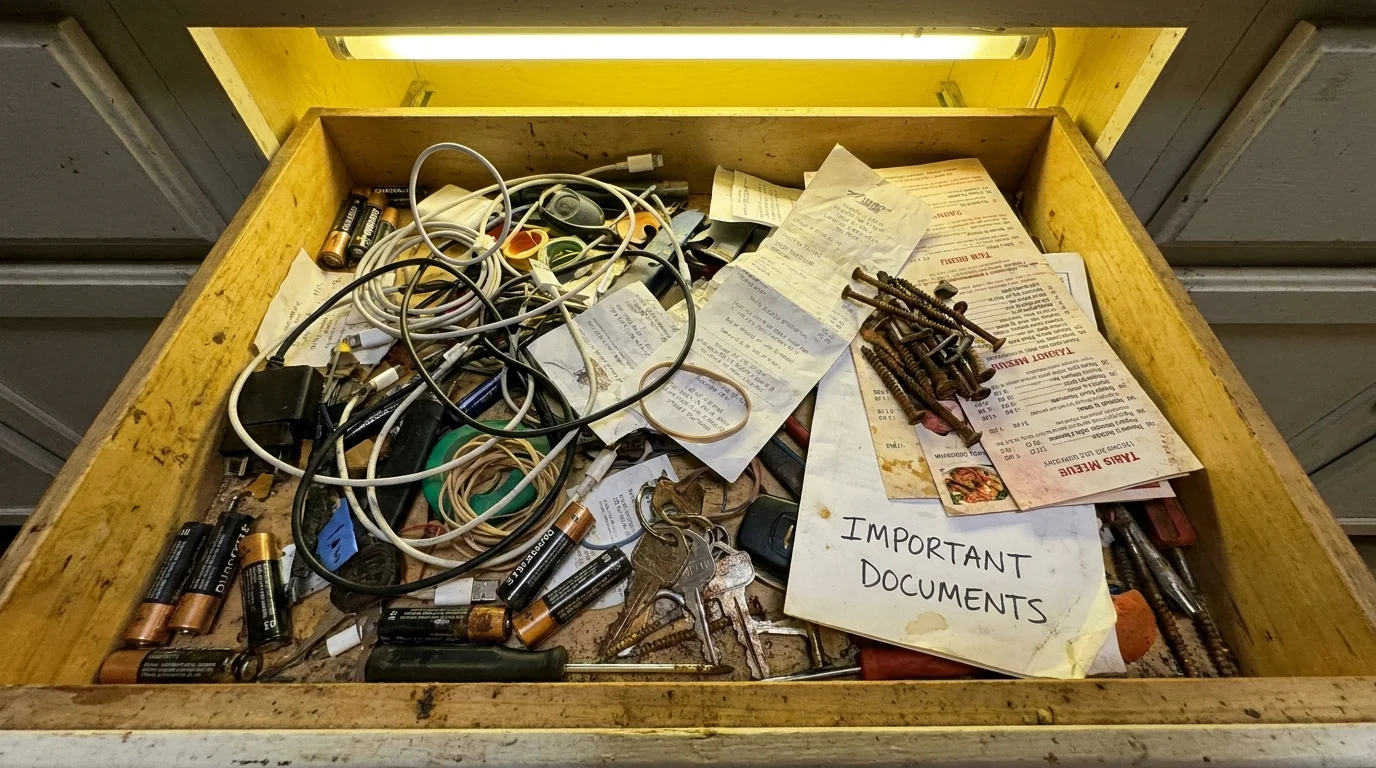 A top-down view of a cluttered kitchen junk drawer where an envelope labeled Important Documents is buried under household items.