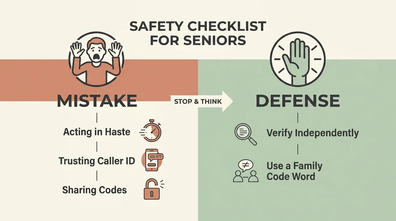 A two-column infographic comparing common scam mistakes with protective defense strategies.