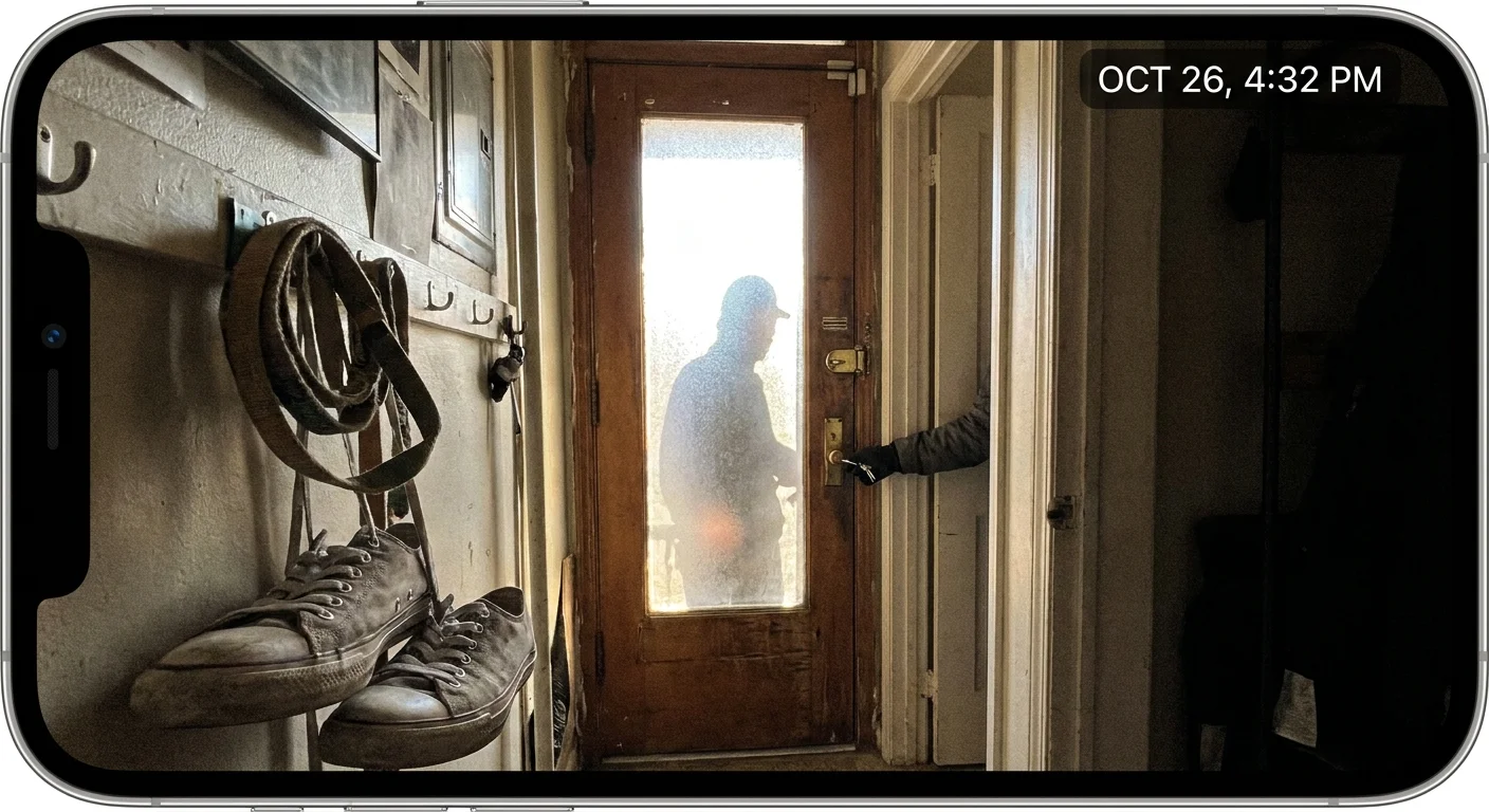 A view from inside a private apartment as an unknown hand inserts a key into the door lock.