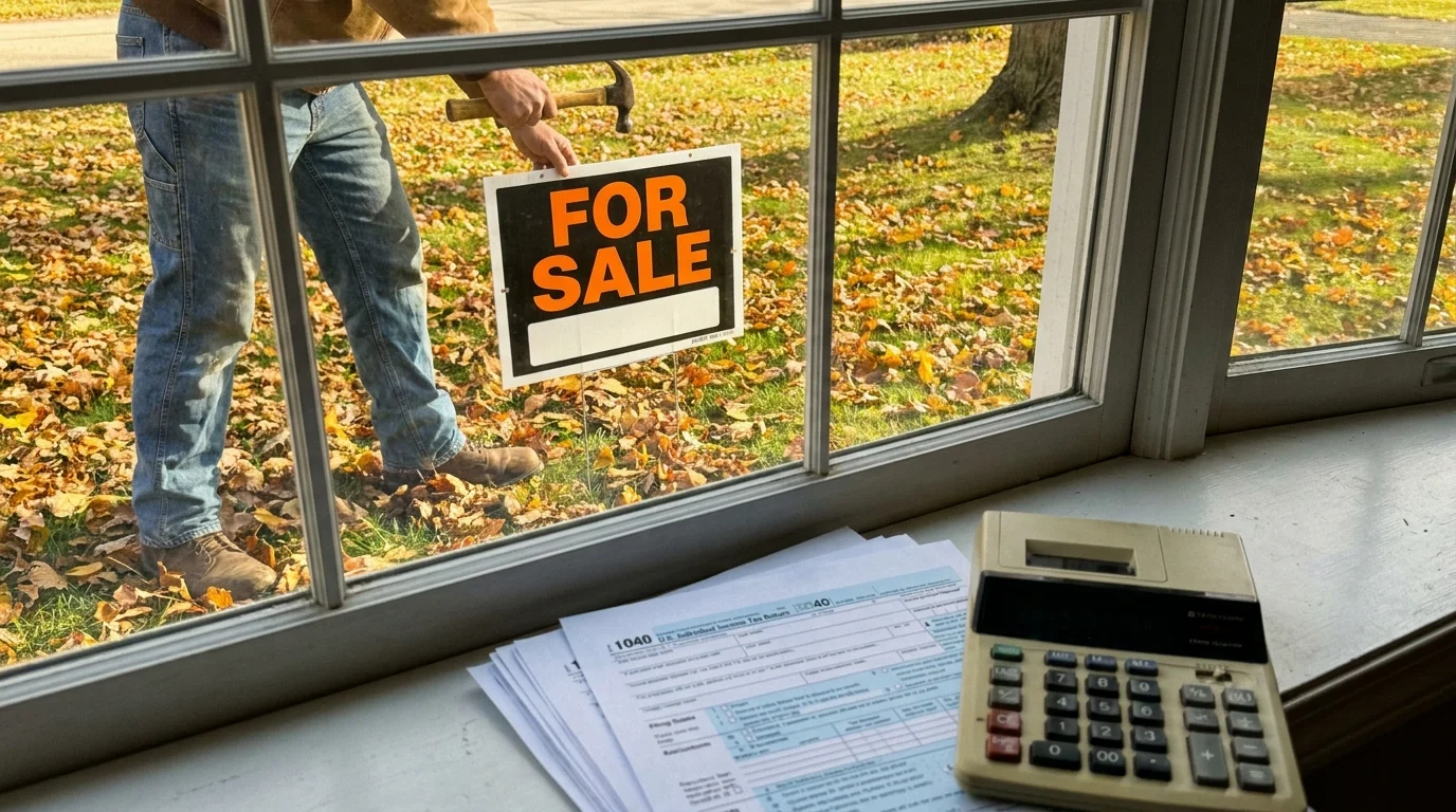 A view through a window showing a 'For Sale' sign being placed in a yard, with tax forms on the windowsill.