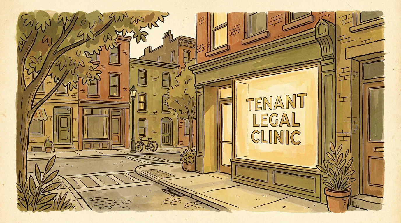 A warm watercolor illustration of a local tenant legal clinic with inviting lighting.
