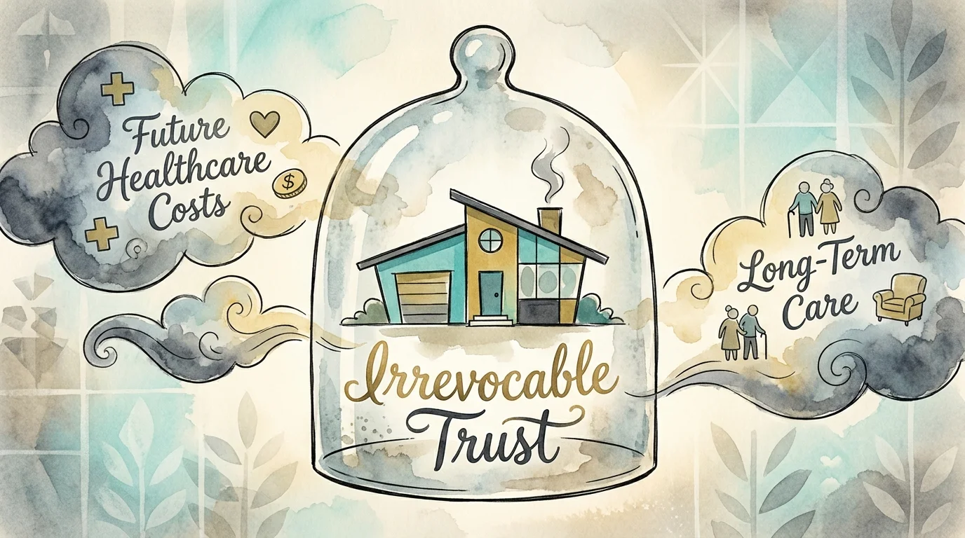 A watercolor illustration of a house protected inside a glass bell jar labeled 'Irrevocable Trust' against storm clouds.