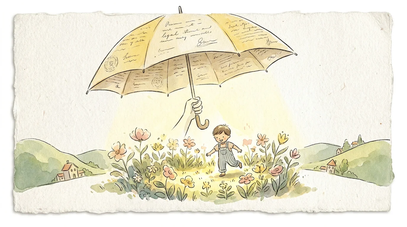 A watercolor illustration of a protective umbrella made of legal papers sheltering a bright, colorful garden.
