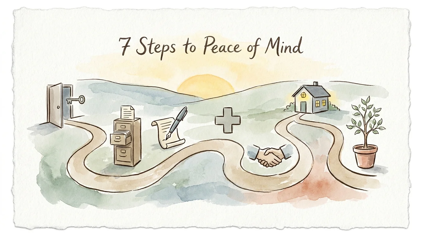 A watercolor illustration of a winding path with seven symbolic markers representing the steps of estate planning.