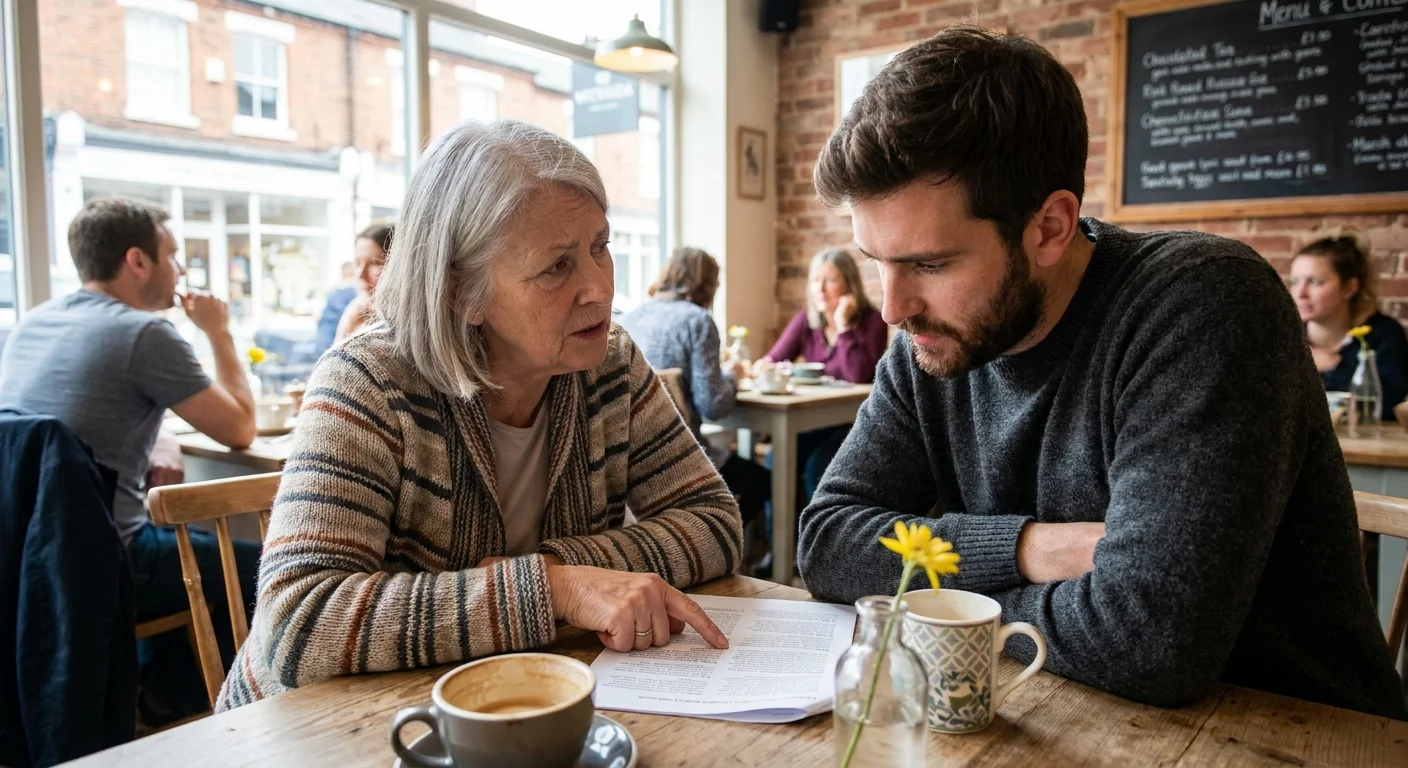 A woman and her financial advisor have a relaxed conversation over coffee in a bright, local cafe.