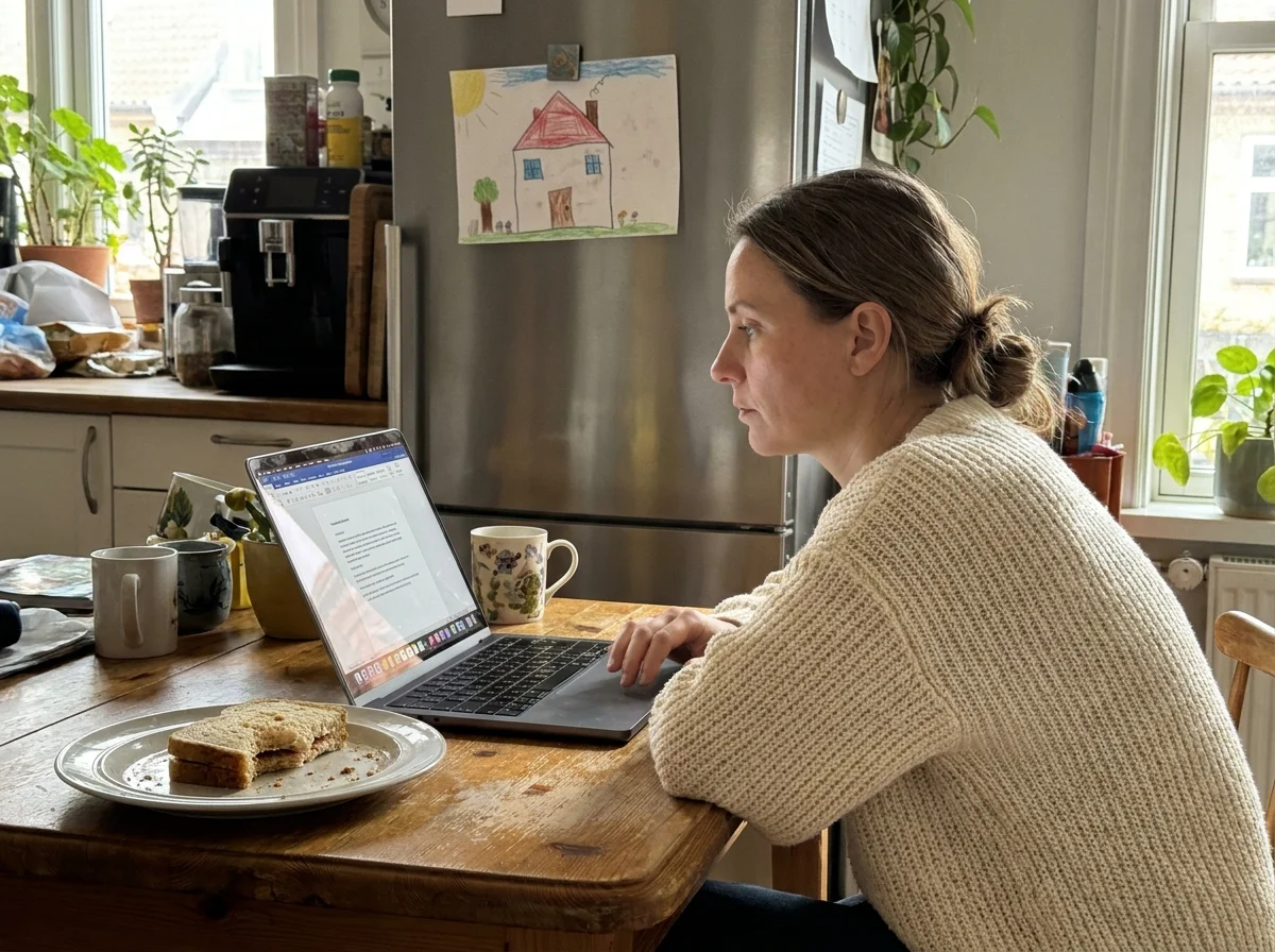 A woman sitting at her kitchen table looking at a laptop, representing the personal reality of employment rights.