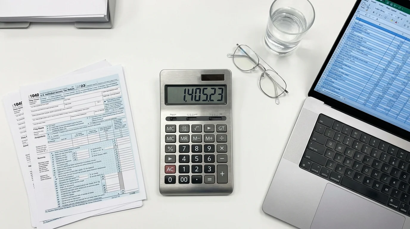 A workspace with a calculator, 1040 tax forms, and a laptop spreadsheet, representing a CPA's work.