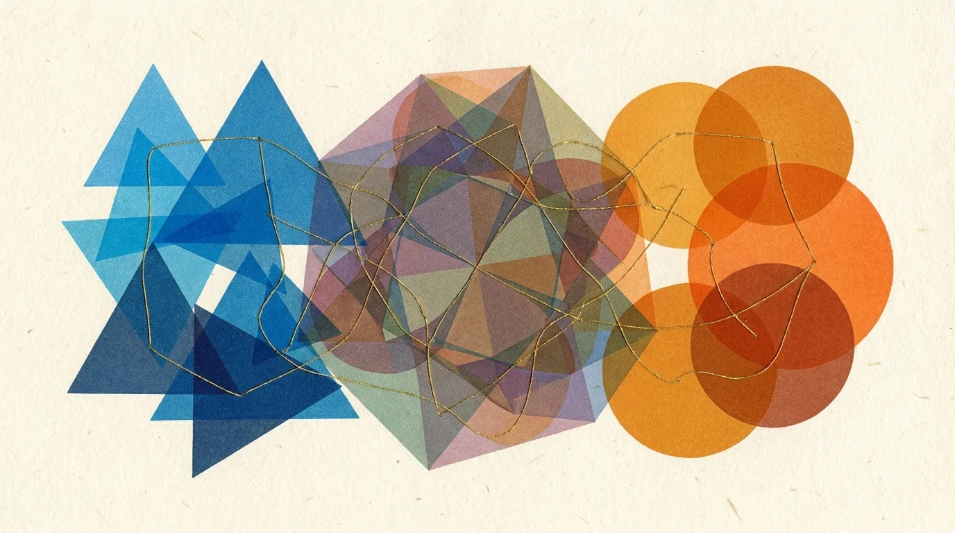 An abstract screenprint illustration of blue triangles and orange circles overlapping, joined by a golden thread.