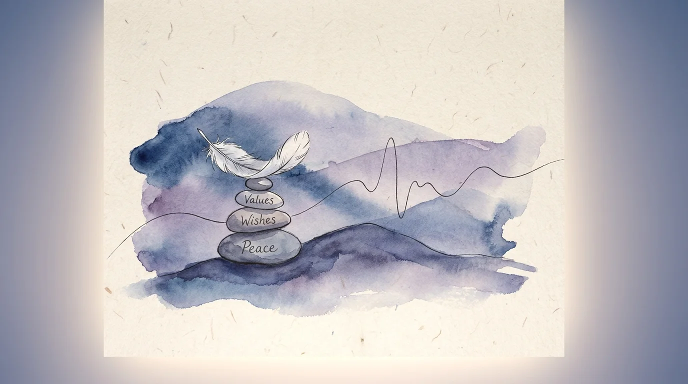 An abstract watercolor painting with stones labeled Values and Wishes, symbolizing a calm approach to healthcare directives.