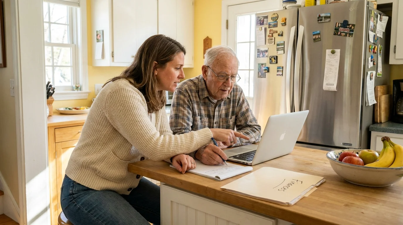 An adult daughter and her elderly father review financial documents together at a kitchen island in a brightly lit home.