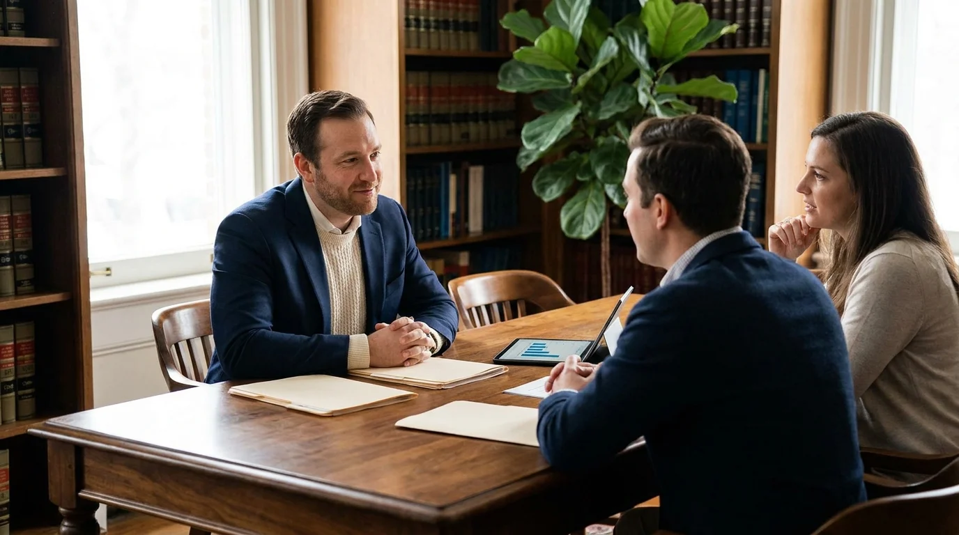 An attorney in a blazer talks with a couple across a wooden table in a comfortable, book-filled room.