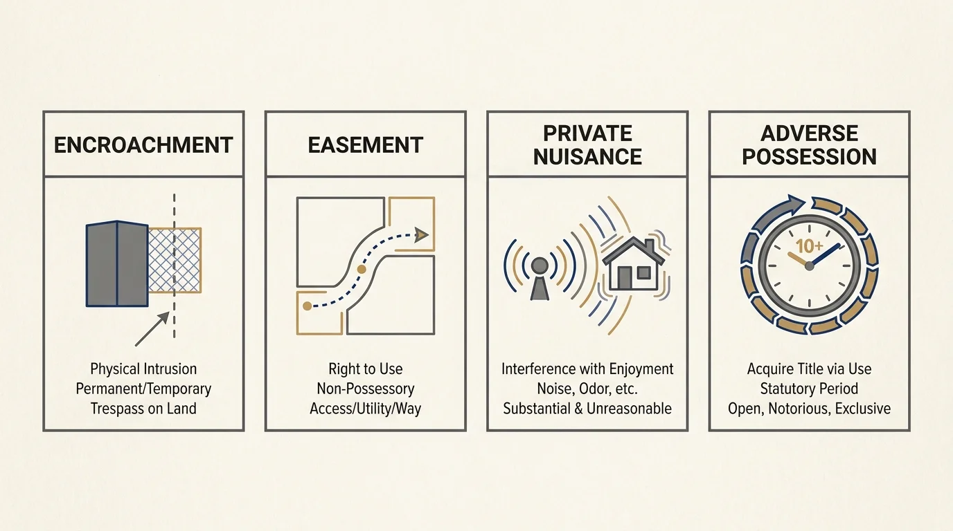 An editorial diagram defining property law terms like Encroachment, Easement, Private Nuisance, and Adverse Possession with icons.