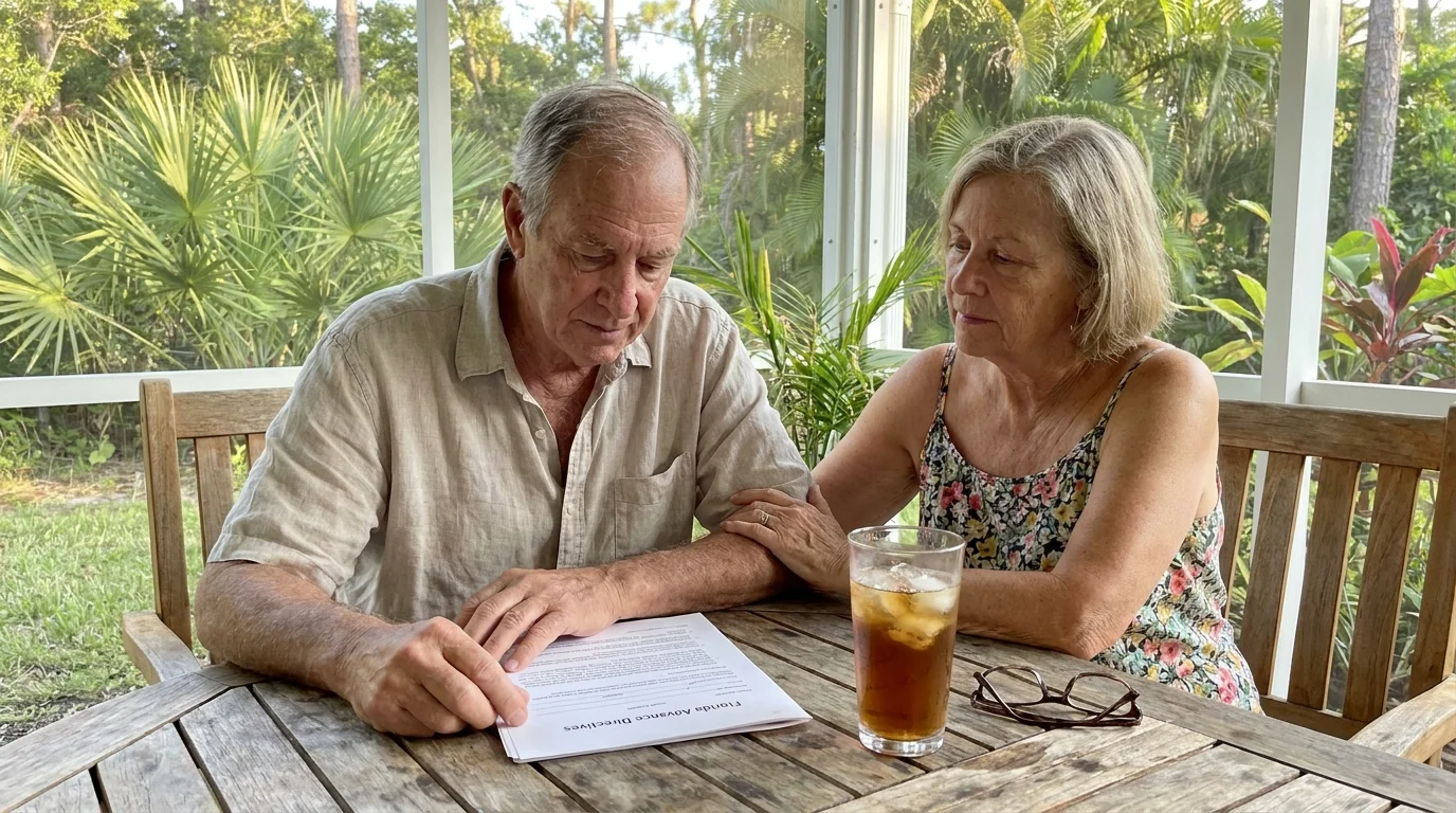 An elderly couple in Florida sits on their porch reviewing legal documents together in the warm afternoon sun.