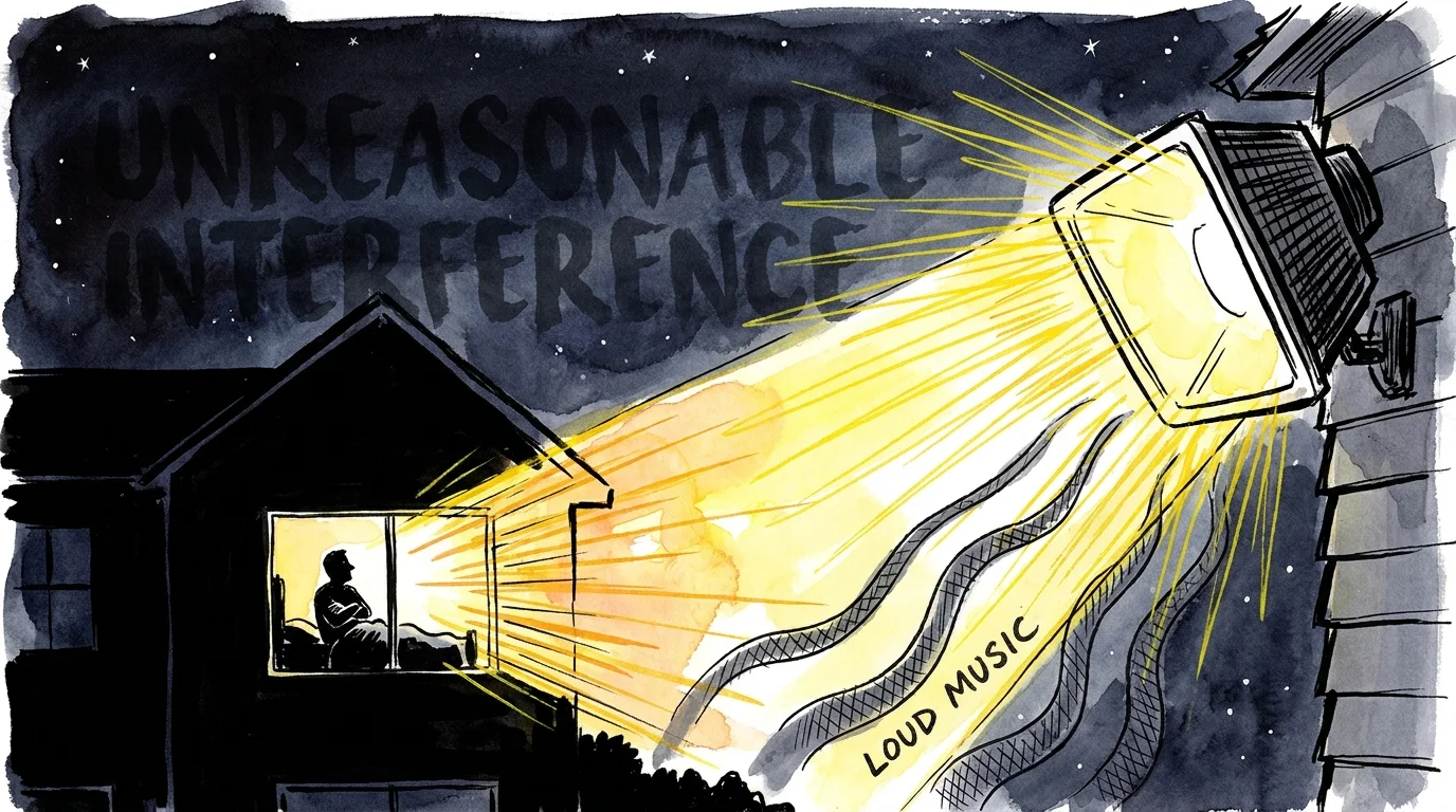 An illustration of a bedroom at night being flooded by a neighbor's bright security light and loud noise.