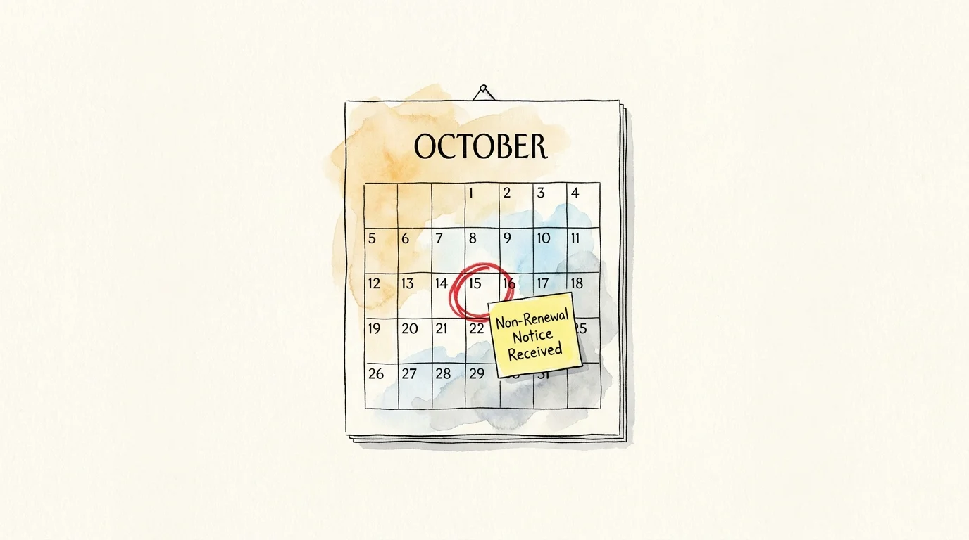 An illustration of a calendar with a 'Non-Renewal' note, warning against the assumption of automatic policy renewal.
